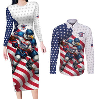 Custom USA Ice Hockey Couples Matching Long Sleeve Bodycon Dress and Long Sleeve Button Shirt Eagle Mascot Stars and Stripes Design