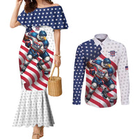 Custom USA Ice Hockey Couples Matching Mermaid Dress and Long Sleeve Button Shirt Eagle Mascot Stars and Stripes Design