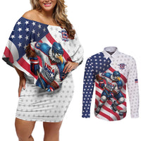 Custom USA Ice Hockey Couples Matching Off Shoulder Short Dress and Long Sleeve Button Shirt Eagle Mascot Stars and Stripes Design