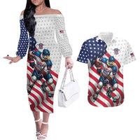 Custom USA Ice Hockey Couples Matching Off The Shoulder Long Sleeve Dress and Hawaiian Shirt Eagle Mascot Stars and Stripes Design