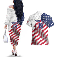Custom USA Ice Hockey Couples Matching Off The Shoulder Long Sleeve Dress and Hawaiian Shirt Eagle Mascot Stars and Stripes Design