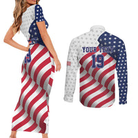 Custom USA Ice Hockey Couples Matching Short Sleeve Bodycon Dress and Long Sleeve Button Shirt Eagle Mascot Stars and Stripes Design