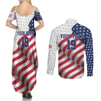 Custom USA Ice Hockey Couples Matching Summer Maxi Dress and Long Sleeve Button Shirt Eagle Mascot Stars and Stripes Design