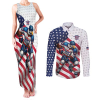 Custom USA Ice Hockey Couples Matching Tank Maxi Dress and Long Sleeve Button Shirt Eagle Mascot Stars and Stripes Design