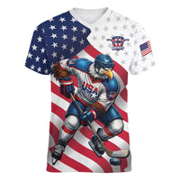 Custom USA Ice Hockey Women V-Neck T-Shirt Eagle Mascot Stars and Stripes Design