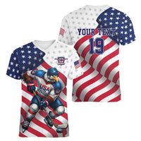 Custom USA Ice Hockey Women V-Neck T-Shirt Eagle Mascot Stars and Stripes Design
