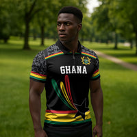 Custom World Football 2026 Ghana Zipper Polo Shirt Black Star Adinkra Heritage Black Version