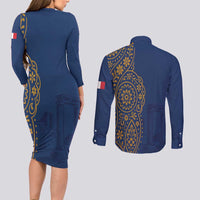 Italy Campania Couples Matching Long Sleeve Bodycon Dress and Long Sleeve Button Shirt Vietri Sul Mare Tile With Pompeii Ruins - Wonder Print Shop