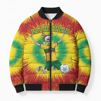 Personalized Lithuania Christmas Tie Dye Bomber Puffer Jacket Skeleton Soccer Goal Celebration Santa Hat - Wonder Print Shop