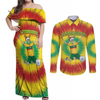 Personalized Lithuania Christmas Tie Dye Couples Matching Off Shoulder Maxi Dress and Long Sleeve Button Shirt Skeleton Soccer Goal Celebration Santa Hat - Wonder Print Shop