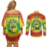 Personalized Lithuania Christmas Tie Dye Couples Matching Off Shoulder Short Dress and Long Sleeve Button Shirt Skeleton Soccer Goal Celebration Santa Hat - Wonder Print Shop