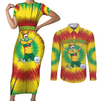 Personalized Lithuania Christmas Tie Dye Couples Matching Short Sleeve Bodycon Dress and Long Sleeve Button Shirt Skeleton Soccer Goal Celebration Santa Hat - Wonder Print Shop