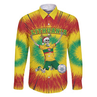 Personalized Lithuania Christmas Tie Dye Family Matching Off The Shoulder Long Sleeve Dress and Hawaiian Shirt Skeleton Soccer Goal Celebration Santa Hat - Wonder Print Shop