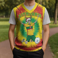 Personalized Lithuania Christmas Tie Dye Christmas Knitted V-Neck Vest Skeleton Soccer Goal Celebration Santa Hat - Wonder Print Shop