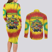 Personalized Lithuania Christmas Couples Matching Long Sleeve Bodycon Dress and Long Sleeve Button Shirt Skeleton Rugby Tie Dye Vintage - Wonder Print Shop