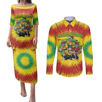 Personalized Lithuania Christmas Couples Matching Puletasi and Long Sleeve Button Shirt Skeleton Rugby Tie Dye Vintage - Wonder Print Shop