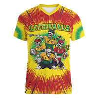 Personalized Lithuania Christmas Women V-Neck T-Shirt Skeleton Rugby Tie Dye Vintage - Wonder Print Shop