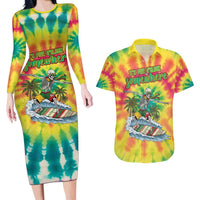 Tie-Dye Skeleton Surfing Lithuania Couples Matching Long Sleeve Bodycon Dress and Hawaiian Shirt It’s 5 O’Clock Somewhere - Wonder Print Shop