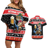 Personalized German T-Rex Christmas Couples Matching Off Shoulder Short Dress and Hawaiian Shirt Funny Beer Dinosaur Xmas - Wonder Print Shop