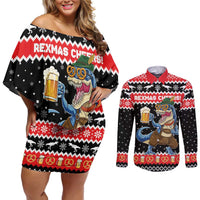 Personalized German T-Rex Christmas Couples Matching Off Shoulder Short Dress and Long Sleeve Button Shirt Funny Beer Dinosaur Xmas - Wonder Print Shop