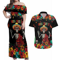 Seis Siete Dia de los Muertos Couples Matching Off Shoulder Maxi Dress and Hawaiian Shirt Mexican Funny 67 Calaca Skeleton Sombrero - Wonder Print Shop