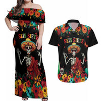 Seis Siete Dia de los Muertos Couples Matching Off Shoulder Maxi Dress and Hawaiian Shirt Mexican Funny 67 Calaca Skeleton Sombrero - Wonder Print Shop