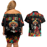 Seis Siete Dia de los Muertos Couples Matching Off Shoulder Short Dress and Hawaiian Shirt Mexican Funny 67 Calaca Skeleton Sombrero - Wonder Print Shop