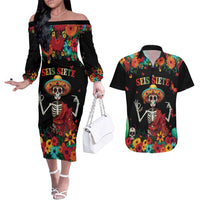 Seis Siete Dia de los Muertos Couples Matching Off The Shoulder Long Sleeve Dress and Hawaiian Shirt Mexican Funny 67 Calaca Skeleton Sombrero - Wonder Print Shop