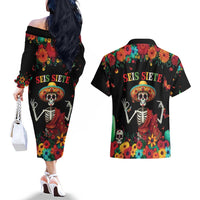 Seis Siete Dia de los Muertos Couples Matching Off The Shoulder Long Sleeve Dress and Hawaiian Shirt Mexican Funny 67 Calaca Skeleton Sombrero - Wonder Print Shop