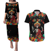 Seis Siete Dia de los Muertos Couples Matching Puletasi and Hawaiian Shirt Mexican Funny 67 Calaca Skeleton Sombrero - Wonder Print Shop