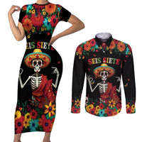 Seis Siete Dia de los Muertos Couples Matching Short Sleeve Bodycon Dress and Long Sleeve Button Shirt Mexican Funny 67 Calaca Skeleton Sombrero - Wonder Print Shop
