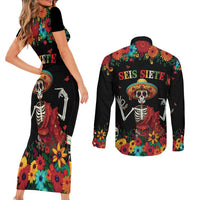 Seis Siete Dia de los Muertos Couples Matching Short Sleeve Bodycon Dress and Long Sleeve Button Shirt Mexican Funny 67 Calaca Skeleton Sombrero - Wonder Print Shop