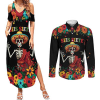 Seis Siete Dia de los Muertos Couples Matching Summer Maxi Dress and Long Sleeve Button Shirt Mexican Funny 67 Calaca Skeleton Sombrero - Wonder Print Shop