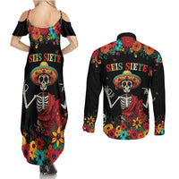 Seis Siete Dia de los Muertos Couples Matching Summer Maxi Dress and Long Sleeve Button Shirt Mexican Funny 67 Calaca Skeleton Sombrero - Wonder Print Shop