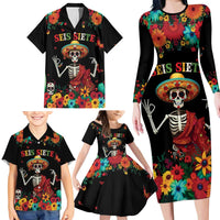 Seis Siete Dia de los Muertos Family Matching Long Sleeve Bodycon Dress and Hawaiian Shirt Mexican Funny 67 Calaca Skeleton Sombrero - Wonder Print Shop