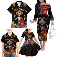 Seis Siete Dia de los Muertos Family Matching Off The Shoulder Long Sleeve Dress and Hawaiian Shirt Mexican Funny 67 Calaca Skeleton Sombrero - Wonder Print Shop