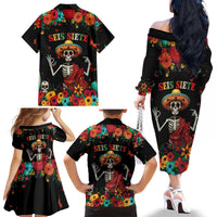 Seis Siete Dia de los Muertos Family Matching Off The Shoulder Long Sleeve Dress and Hawaiian Shirt Mexican Funny 67 Calaca Skeleton Sombrero - Wonder Print Shop