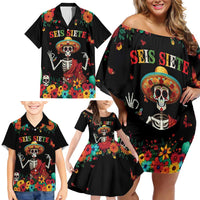 Seis Siete Dia de los Muertos Family Matching Off Shoulder Short Dress and Hawaiian Shirt Mexican Funny 67 Calaca Skeleton Sombrero - Wonder Print Shop