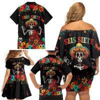 Seis Siete Dia de los Muertos Family Matching Off Shoulder Short Dress and Hawaiian Shirt Mexican Funny 67 Calaca Skeleton Sombrero - Wonder Print Shop