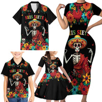 Seis Siete Dia de los Muertos Family Matching Short Sleeve Bodycon Dress and Hawaiian Shirt Mexican Funny 67 Calaca Skeleton Sombrero - Wonder Print Shop