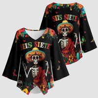 Seis Siete Dia de los Muertos Kimono Sleeve Blouse Mexican Funny 67 Calaca Skeleton Sombrero - Wonder Print Shop