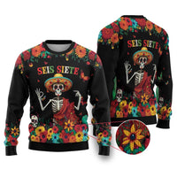 Seis Siete Dia de los Muertos Ugly Christmas Sweater Mexican Funny 67 Calaca Skeleton Sombrero - Wonder Print Shop