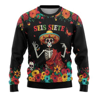 Seis Siete Dia de los Muertos Ugly Christmas Sweater Mexican Funny 67 Calaca Skeleton Sombrero - Wonder Print Shop