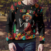 Seis Siete Dia de los Muertos Ugly Christmas Sweater Mexican Funny 67 Calaca Skeleton Sombrero - Wonder Print Shop