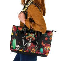 Seis Siete Dia de los Muertos Leather Tote Bag Mexican Funny 67 Calaca Skeleton Sombrero - Wonder Print Shop