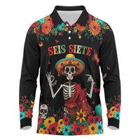 Seis Siete Dia de los Muertos Long Sleeve Polo Shirt Mexican Funny 67 Calaca Skeleton Sombrero - Wonder Print Shop