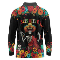 Seis Siete Dia de los Muertos Long Sleeve Polo Shirt Mexican Funny 67 Calaca Skeleton Sombrero - Wonder Print Shop