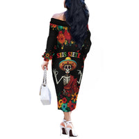 Seis Siete Dia de los Muertos Off The Shoulder Long Sleeve Dress Mexican Funny 67 Calaca Skeleton Sombrero - Wonder Print Shop