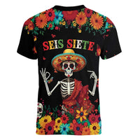 Seis Siete Dia de los Muertos Women V-Neck T-Shirt Mexican Funny 67 Calaca Skeleton Sombrero - Wonder Print Shop