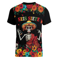 Seis Siete Dia de los Muertos Women V-Neck T-Shirt Mexican Funny 67 Calaca Skeleton Sombrero - Wonder Print Shop